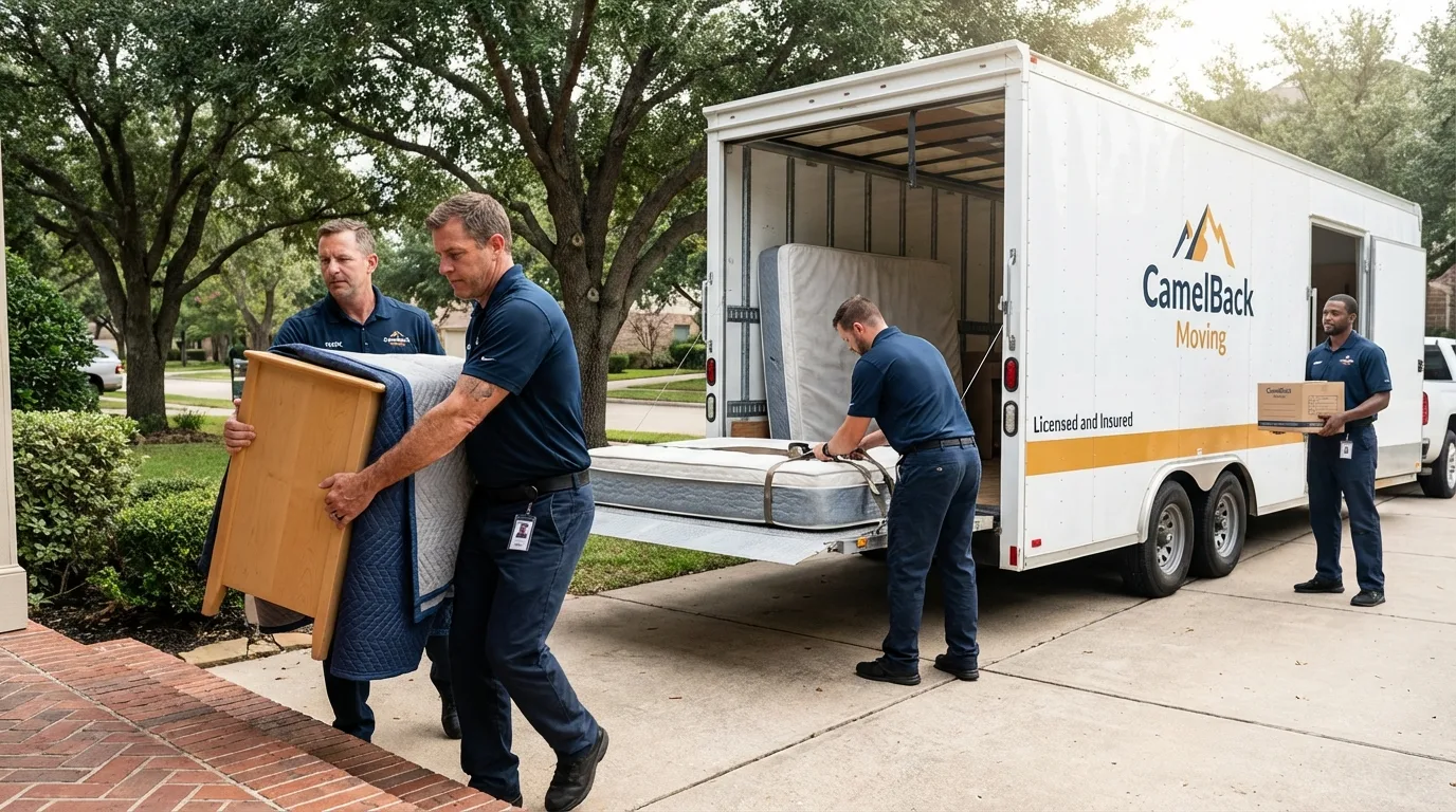 Crew loading residential truck for cross-state move from Atlanta, TX