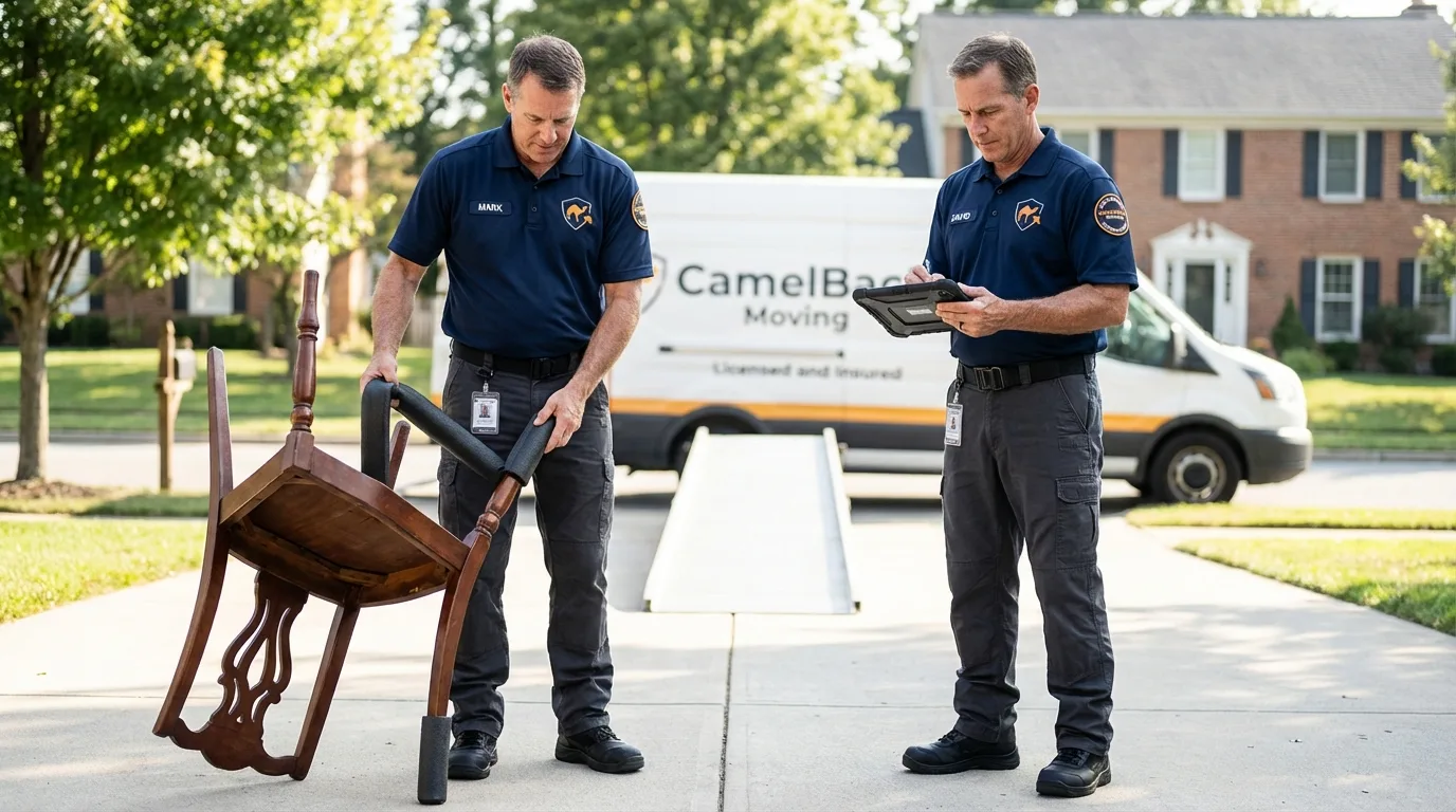 Movers inspecting furniture for damage prevention before loading in Atlanta, TX